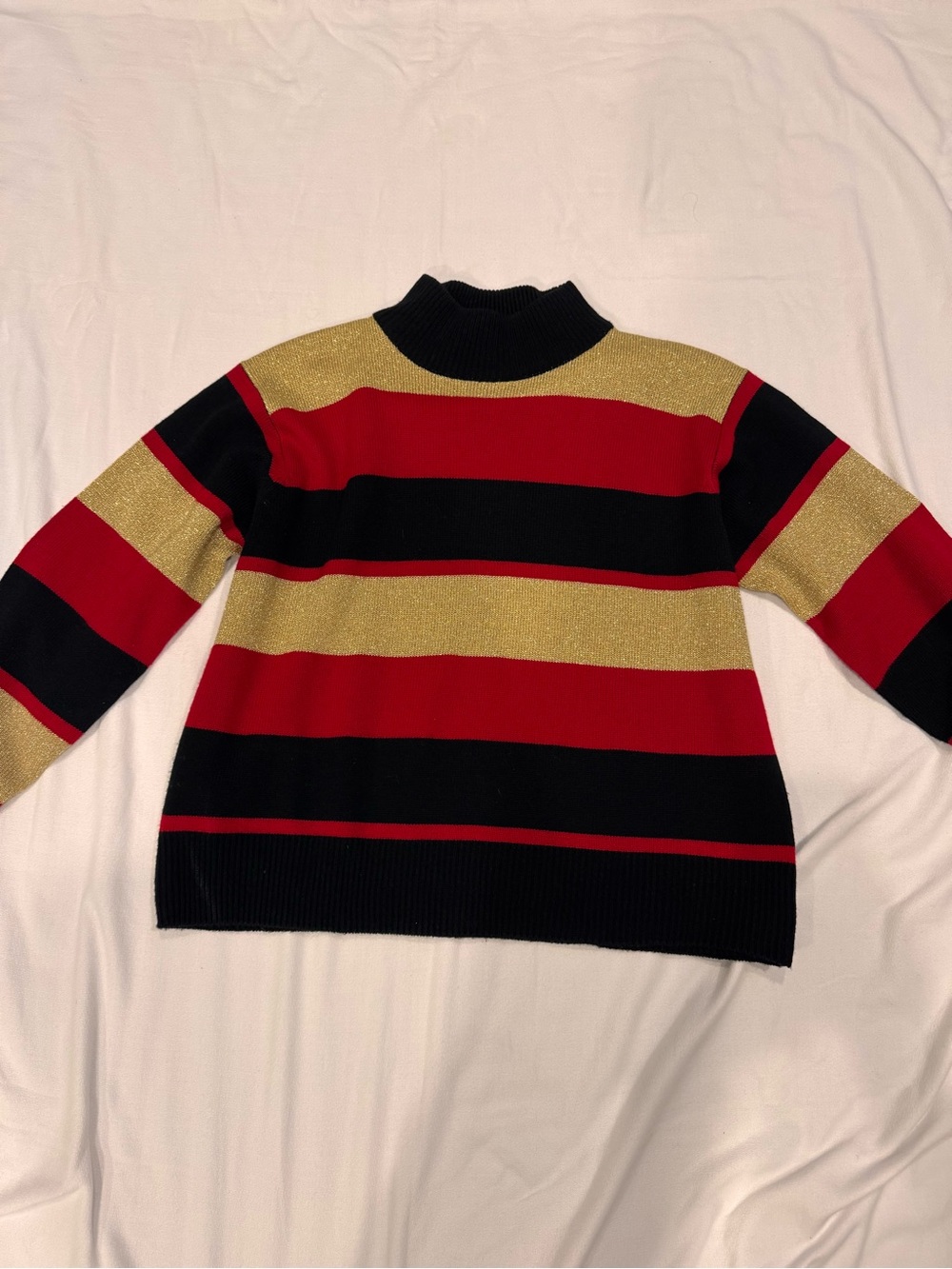 Dressbarn Red, Black & Gold Striped Turtleneck Sweater Size XL